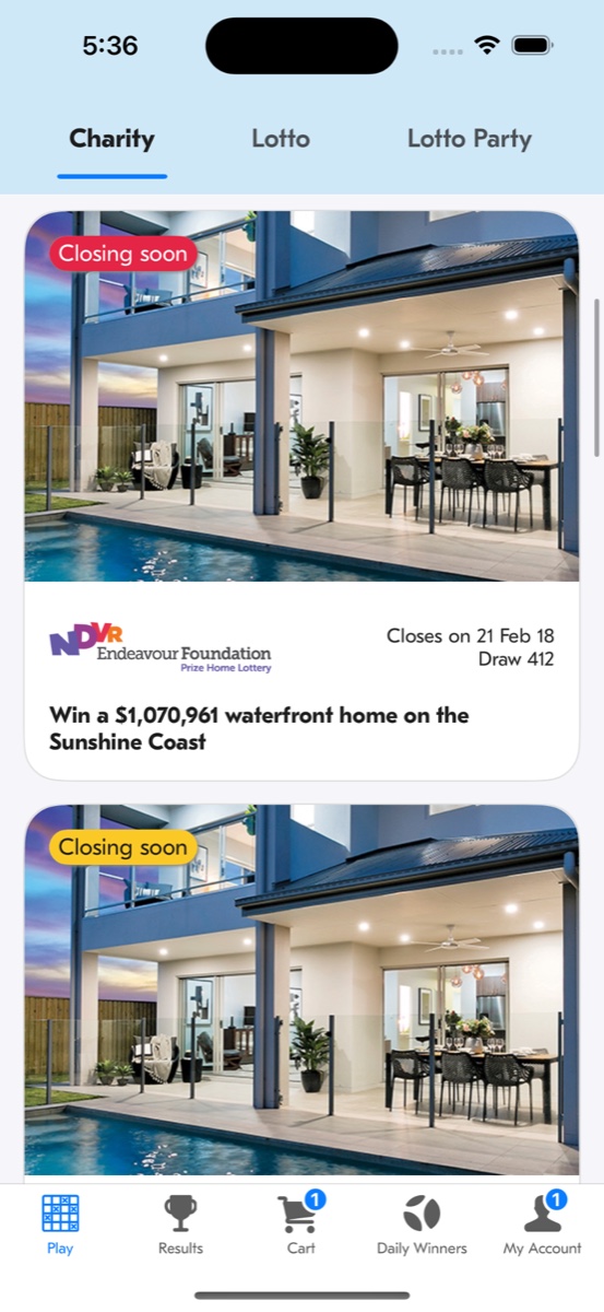 Oz Lotteries charity prize screen