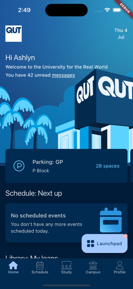 QUT student app home screen